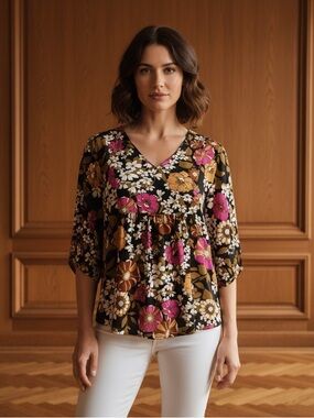 Emily Wonder Boutique Floral V-Neck Blouse with Rich Tones of Gold, Pink, Brown
